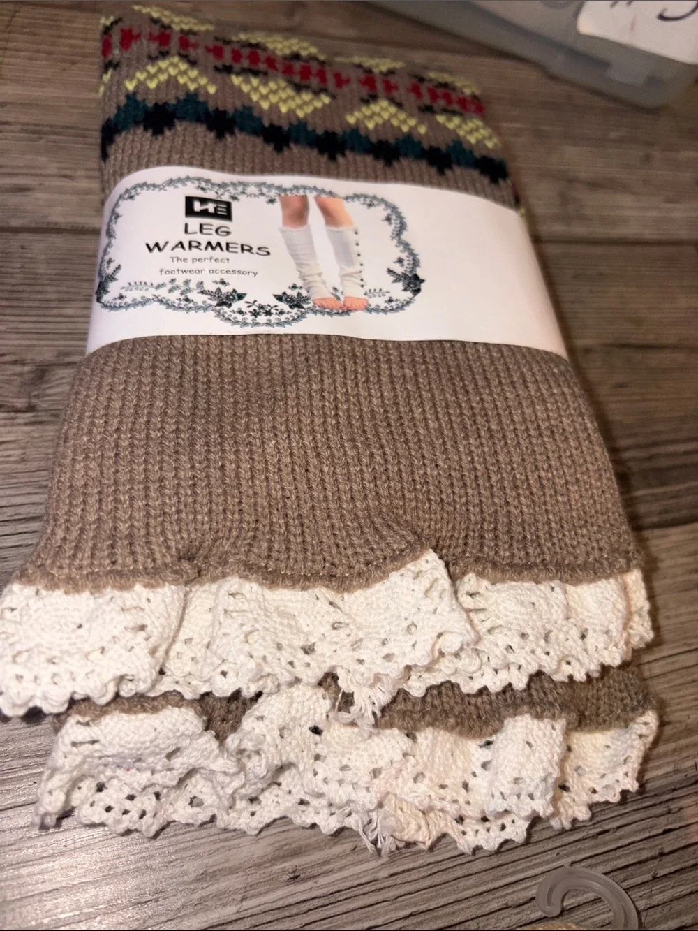 NWT Knit Leg Warmers with Lace Trim - Taupe with Multicolor Pattern